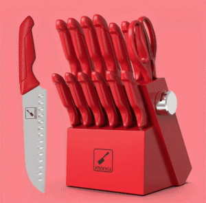 14-Piece Imarku Red Kitchen Knife Set – Japanese Stainless Steel, Non-Slip Handles, Built-In Sharpener