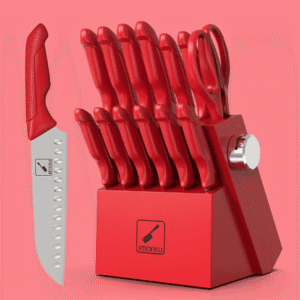 14-Piece Imarku Red Kitchen Knife Set – Japanese Stainless Steel, Non-Slip Handles, Built-In Sharpener