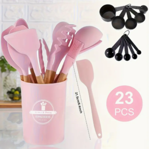 Kaiqinuo 23 Piece Pink Silicone Kitchen Utensil Set with Wooden Handles – Non-Stick, Heat-Resistant