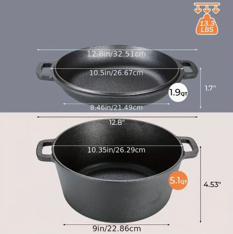 Screenshot 2025-01-29 7.10.08 PM Dual-Purpose Cast Iron Dutch Oven Set – 5.1 Quart Pot & 1.9 Quart Skillet Lid with Silicone Handles - Image 11