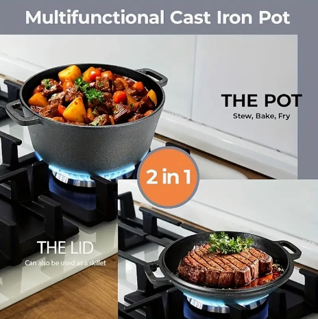 Screenshot 2025-01-29 7.10.15 PM Dual-Purpose Cast Iron Dutch Oven Set – 5.1 Quart Pot & 1.9 Quart Skillet Lid with Silicone Handles - Image 4