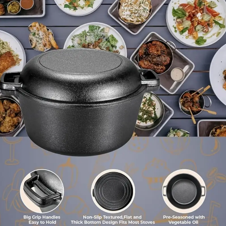 Screenshot 2025-01-29 7.10.27 PM Dual-Purpose Cast Iron Dutch Oven Set – 5.1 Quart Pot & 1.9 Quart Skillet Lid with Silicone Handles - Image 5