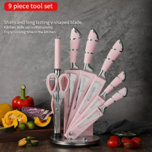 9-Piece Kitchen Knife Set with Acrylic Block – High Carbon Stainless Steel, Non-Stick Blades for Meat, Vegetables & More (Pink & Black)