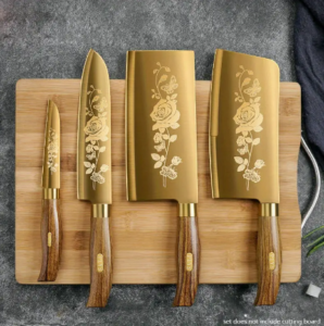 Gold 4-Piece Kitchen Knife Set with Butcher Knife– Titanium-Coated Knife Set with Wood Grain Handles
