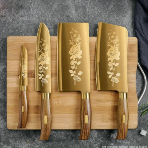 Gold 4-Piece Kitchen Knife Set with Butcher Knife– Titanium-Coated Knife Set with Wood Grain Handles