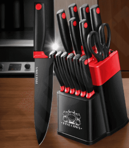 14-Piece Black & Red Kitchen Knife Set – Stainless Steel, Non-Slip Handles, Dishwasher Safe