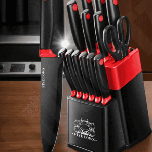 14-Piece Black & Red Kitchen Knife Set – Stainless Steel, Non-Slip Handles, Dishwasher Safe