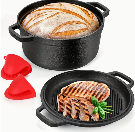 Screenshot 2025-02-22 1.10.56 AM KUTIME 2-in-1 Black Enameled Cast Iron Dutch Oven, 5.5QT Pot & 2.5QT Skillet Lid, Oven Safe and Nonstick