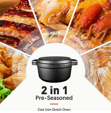 Screenshot 2025-02-22 1.11.55 AM KUTIME 2-in-1 Black Enameled Cast Iron Dutch Oven, 5.5QT Pot & 2.5QT Skillet Lid, Oven Safe and Nonstick - Image 7