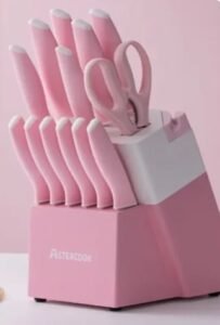 Astercook Pink Kitchen Knife Set – 14 or 27 Pieces with Built-In Sharpener, Dishwasher Saf