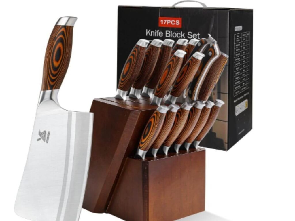 17 Piece Brown Knife Set with chef knife, bread knife, santoku, utility knife, pairing knife, carving knife, Bone Chopper Knife, cleaver knife, Steak Knives, kitchen scissor, Honing Steel, knife block