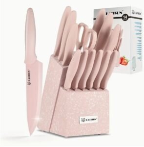 14-Piece Pink Chef Knife Set with Wooden Block – High Carbon Stainless Steel
